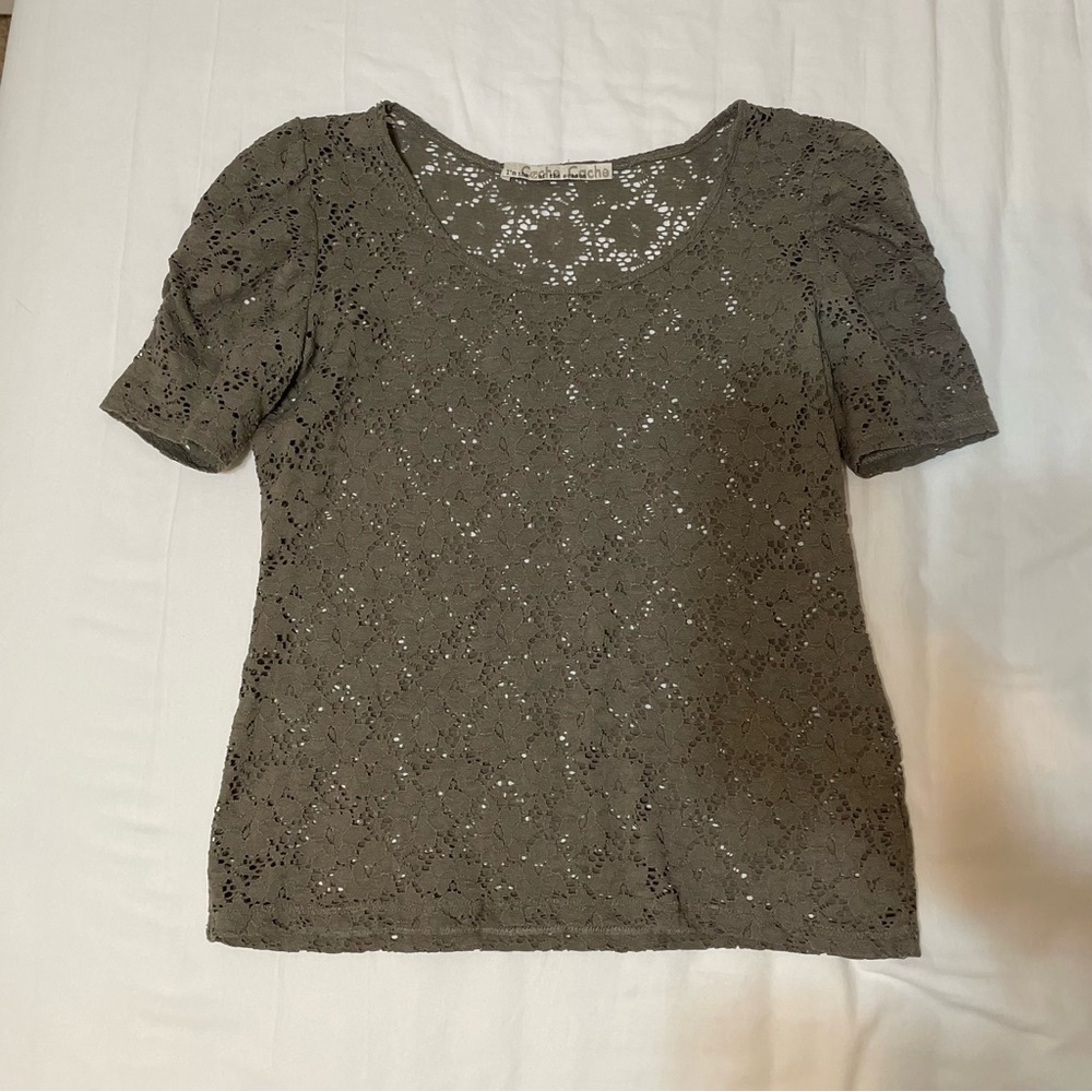 Taupe lace top with puffy sleeves